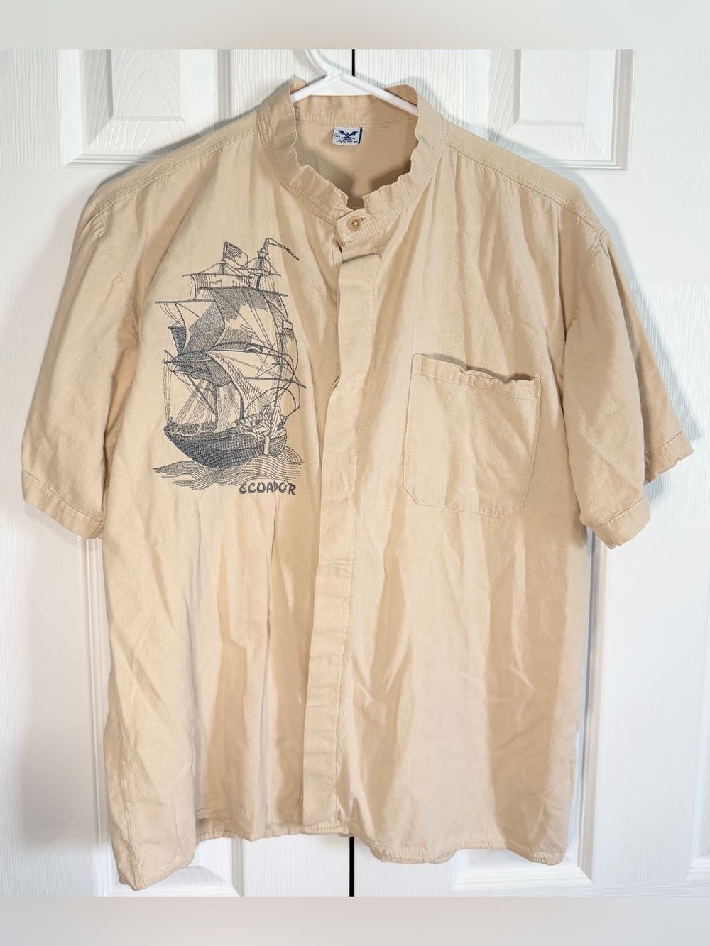 Casual Beige Short-Sleeve Button-Down Shirt with Ship Graphic ECUADOR